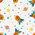 Seamless Cosmic Pattern With Rocket, Saturn, Moon And Star. Space Pattern On White Background